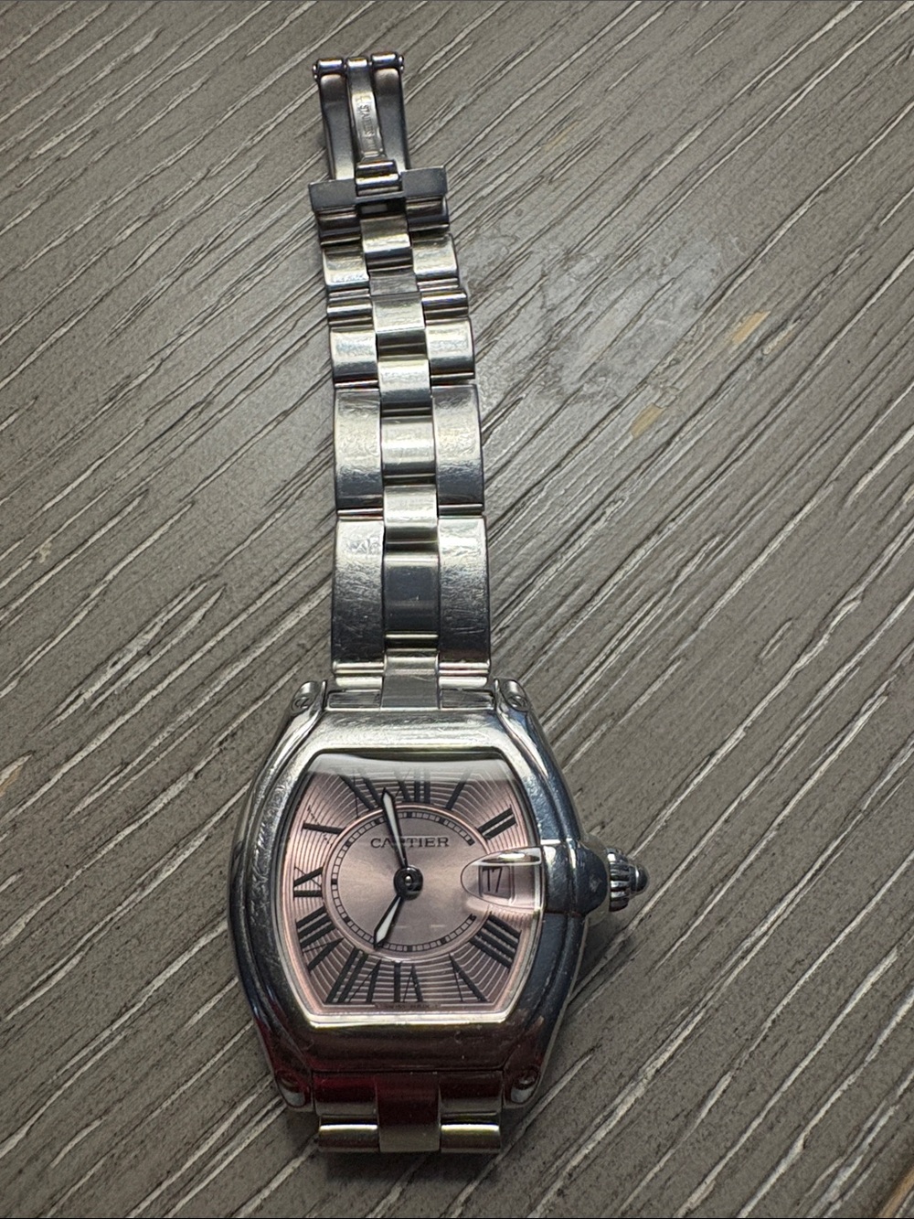 Cartier Roadster Stainless Steel Watch with Pink Dial